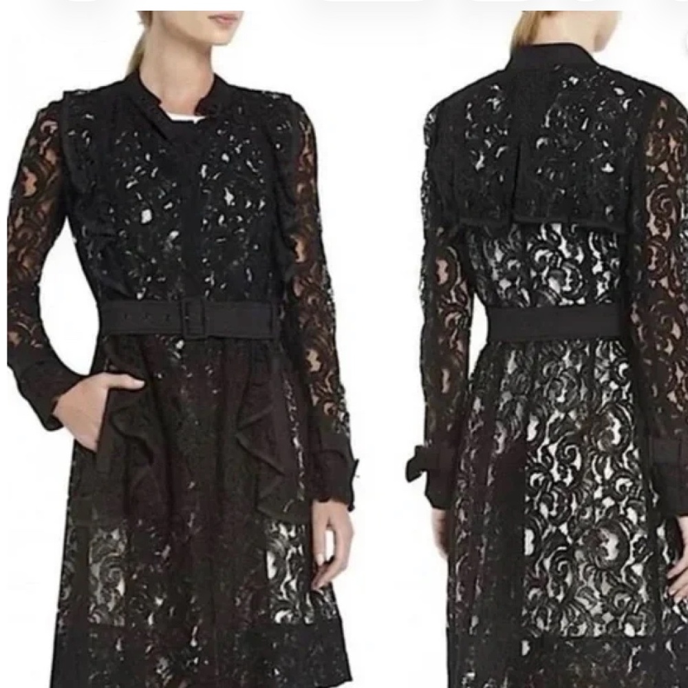 Black Lace Belted Trench Dress S